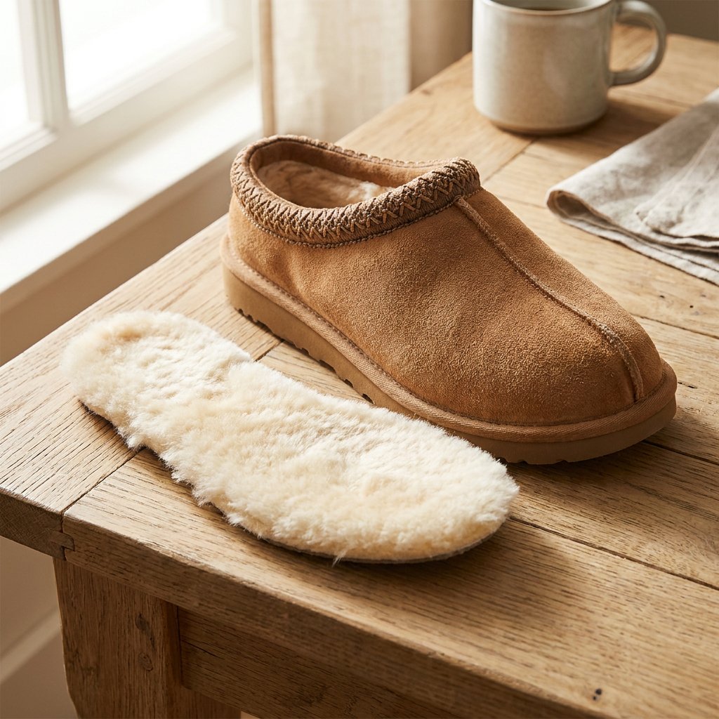 Open UGG Tasman pantoffel op een houten tafel met zachte schapenwollen inlegzool ernaast, vastgelegd in warm daglicht met rustig detail.