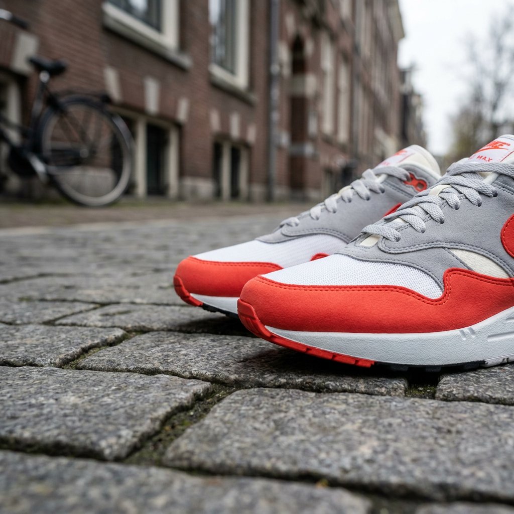 Close-up editorial sneaker photo of a Patta x Nike Air Max 1 2026 pair in white and hyper crimson on a clean urban pavement in soft daylight.