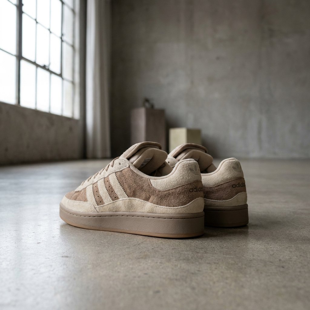 Close-up editorial scene of layered suede adidas Campus sneakers on a clean studio floor, highlighting chunky shape, textures and premium finish.