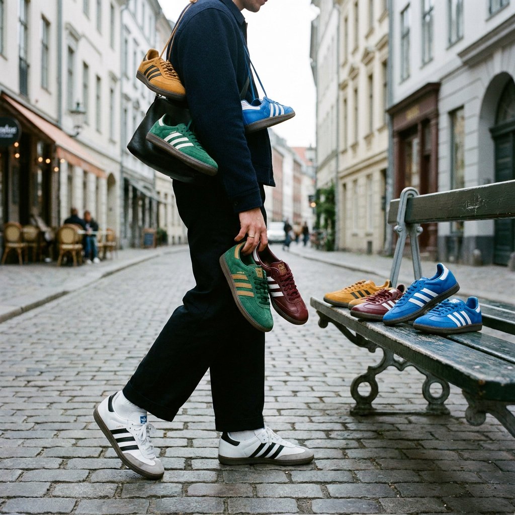 Meerdere adidas Samba sneakers in leer en suède staan gestyled op een Europese straatlocatie, met focus op nieuwe kleuren en luxe details.