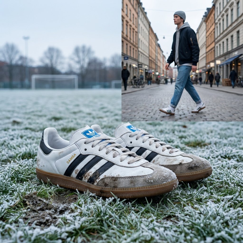 Vintage adidas Samba-sneakers op een koud voetbalveld naast een modern straatbeeld, gefotografeerd in zacht winterlicht met redactionele sfeer.