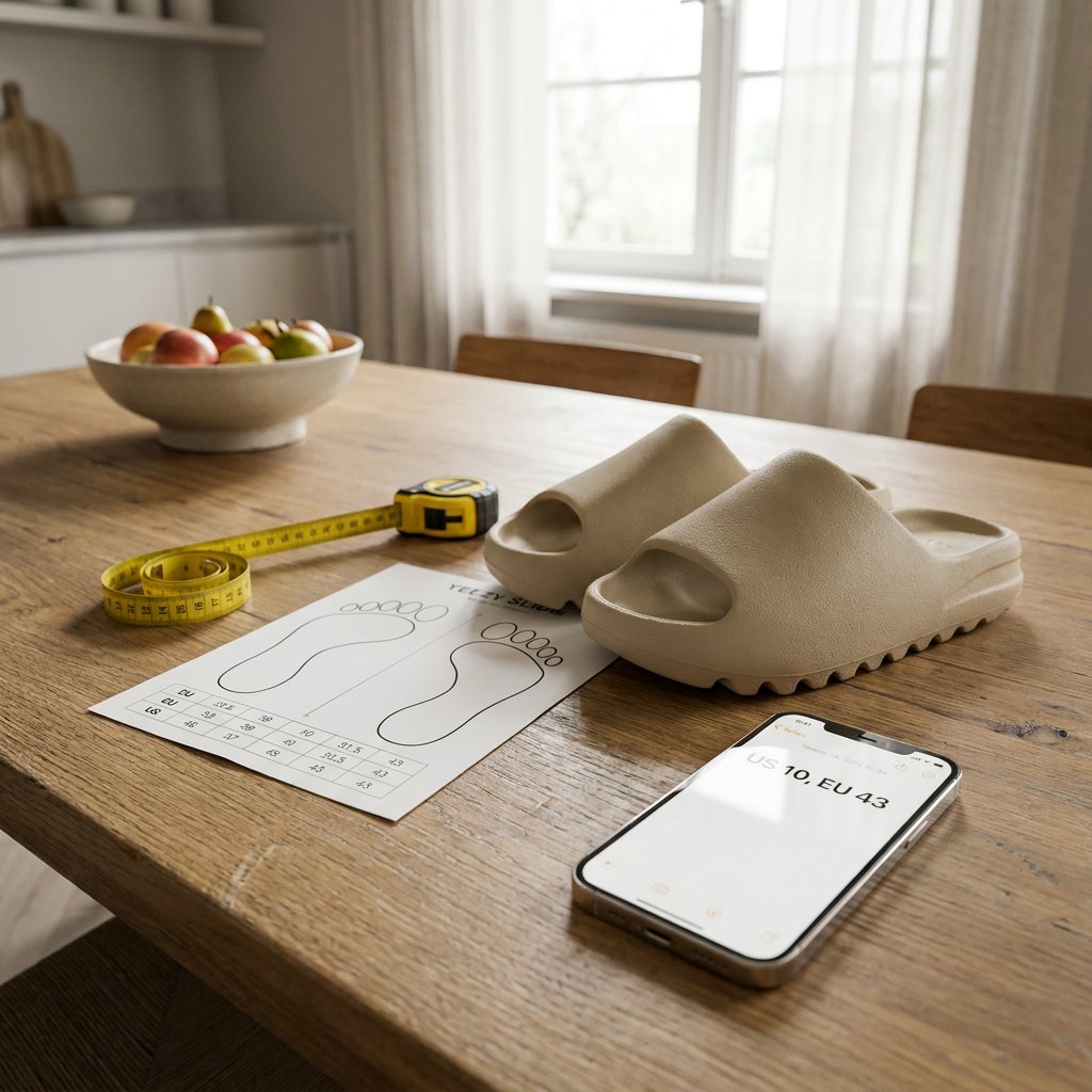 Beige Yeezy Slides beside a printed size chart and measuring tape on a clean wooden table, photographed in soft daylight with an editorial style.