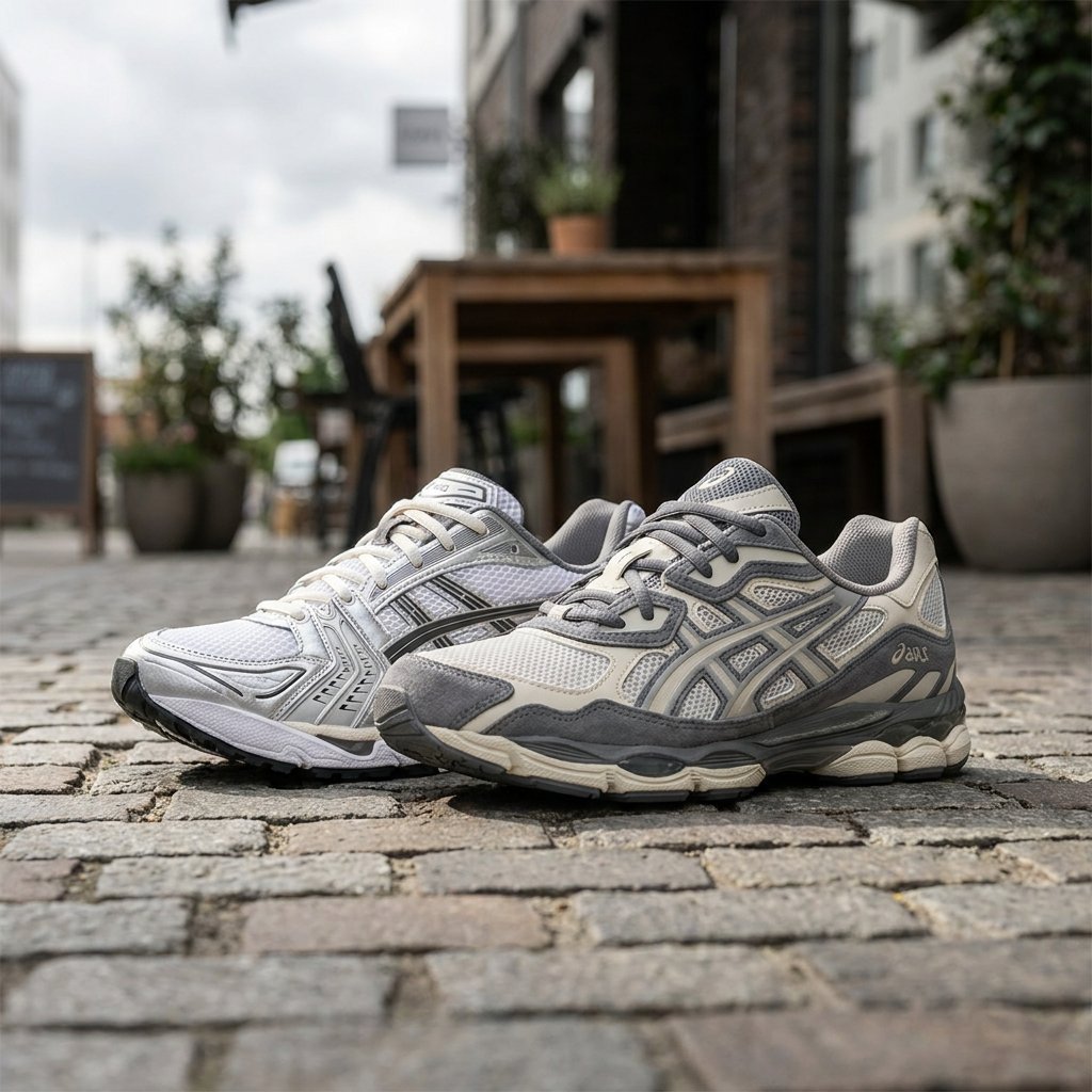 Two ASICS sneakers, GEL-Kayano 14 and GEL-NYC, placed side by side on a clean urban pavement in soft daylight, highlighting shape and styling differences.
