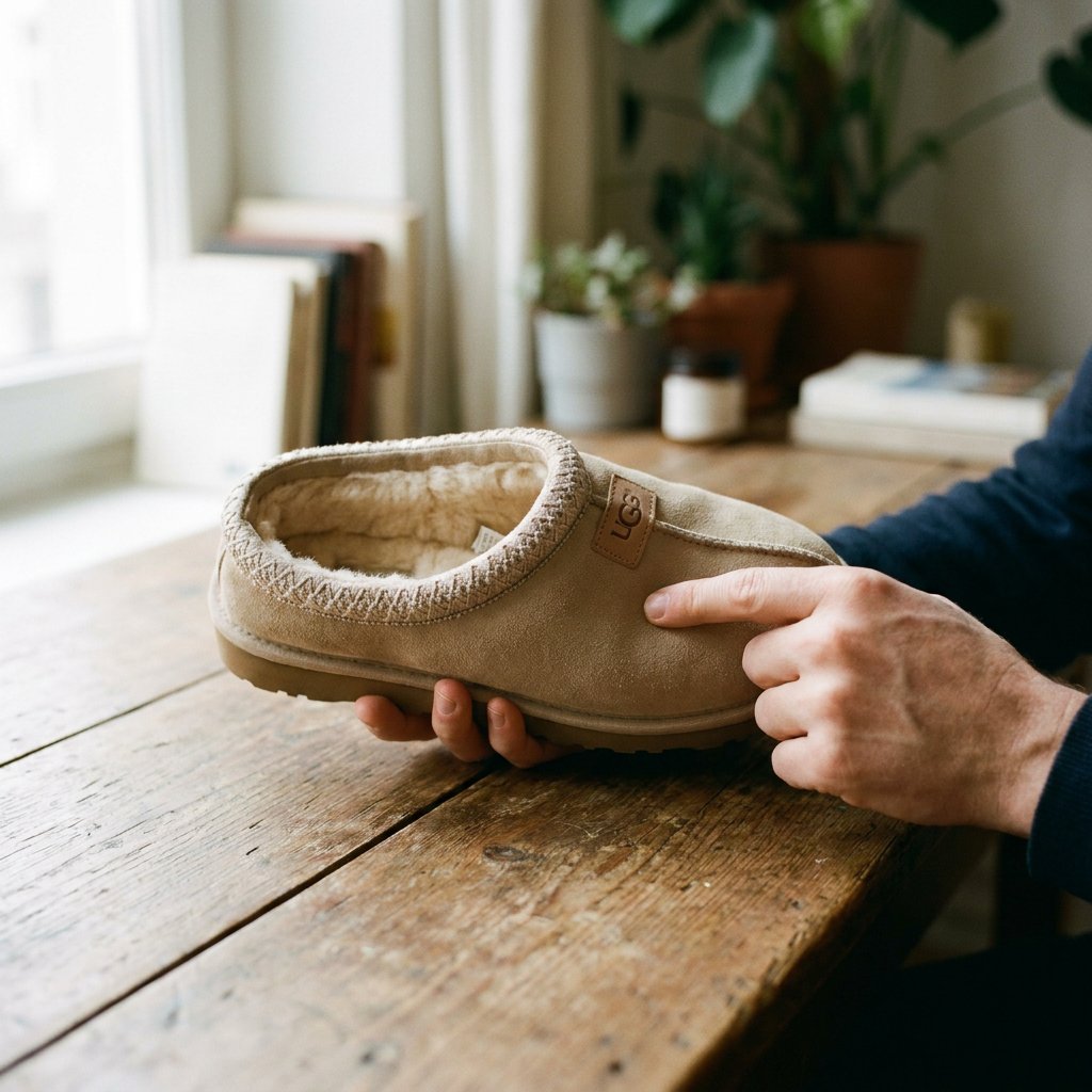 Close-up van een beige Tasman pantoffel op een houten tafel terwijl iemand labels, stiksel en voering zorgvuldig controleert bij zacht daglicht.