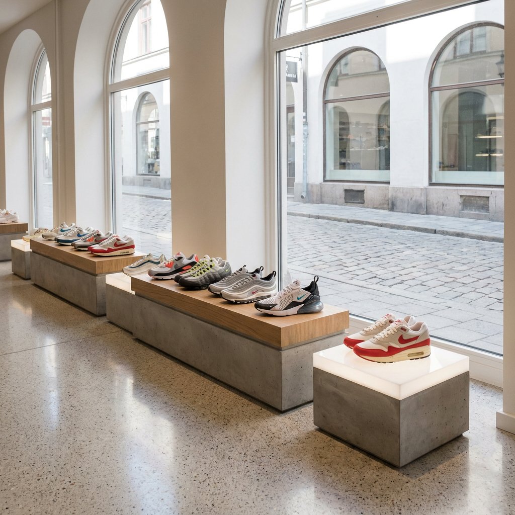 Curated row of Nike Air Max sneakers from different eras on a clean retail-style display, photographed in soft daylight with an editorial streetwear feel.