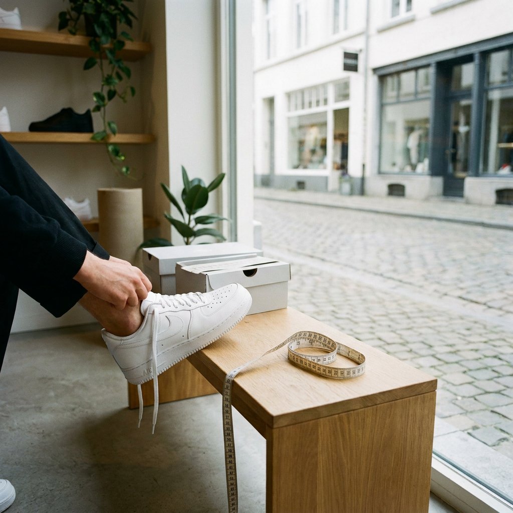 Persoon past witte Nike Air Force 1 sneakers in een lichte paskamer, met focus op pasvorm bij de voorvoet en een rustige editorial sfeer.
