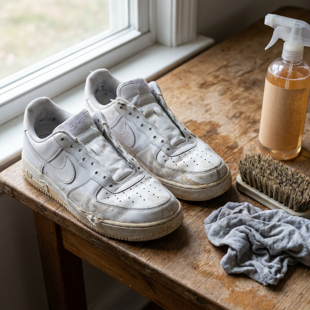 Versleten witte sneakers liggen op een houten tafel naast borstel, doek en schoonmaakmiddel, met zichtbare watervlekken en loslatende randen.