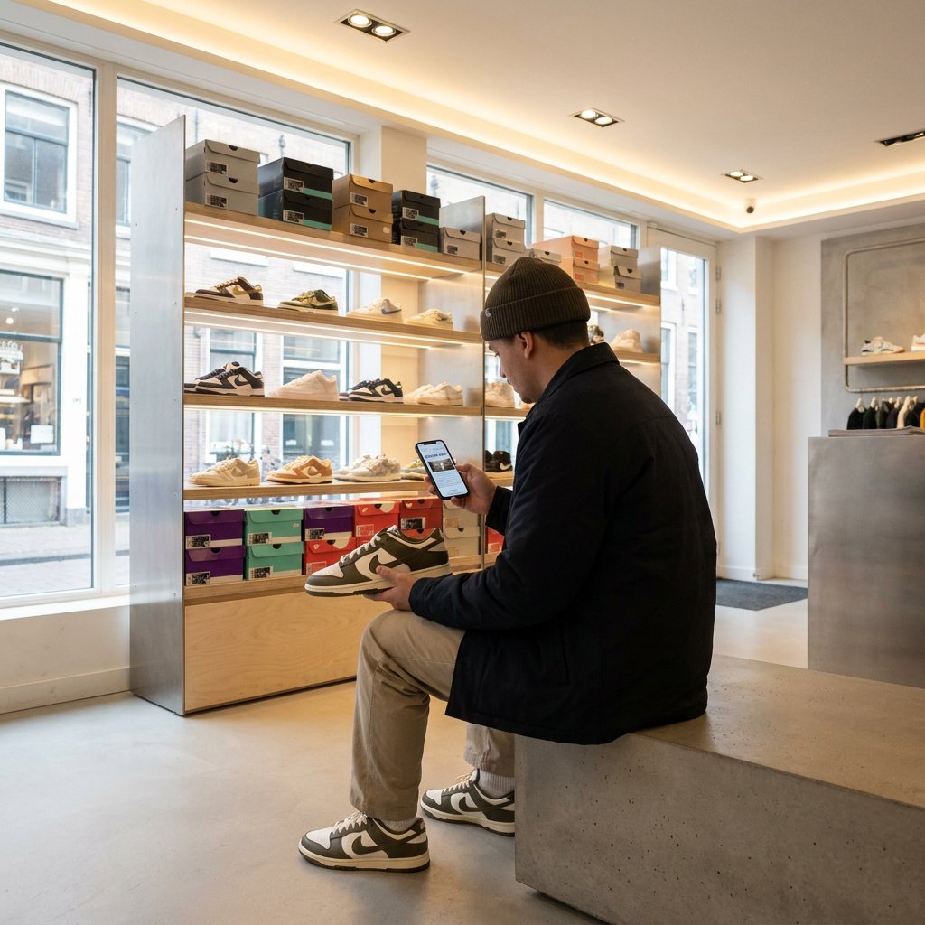 Shopper checks Nike Dunk Low OG sneakers and release details on a smartphone inside a modern Dutch sneaker store with clean shelves.