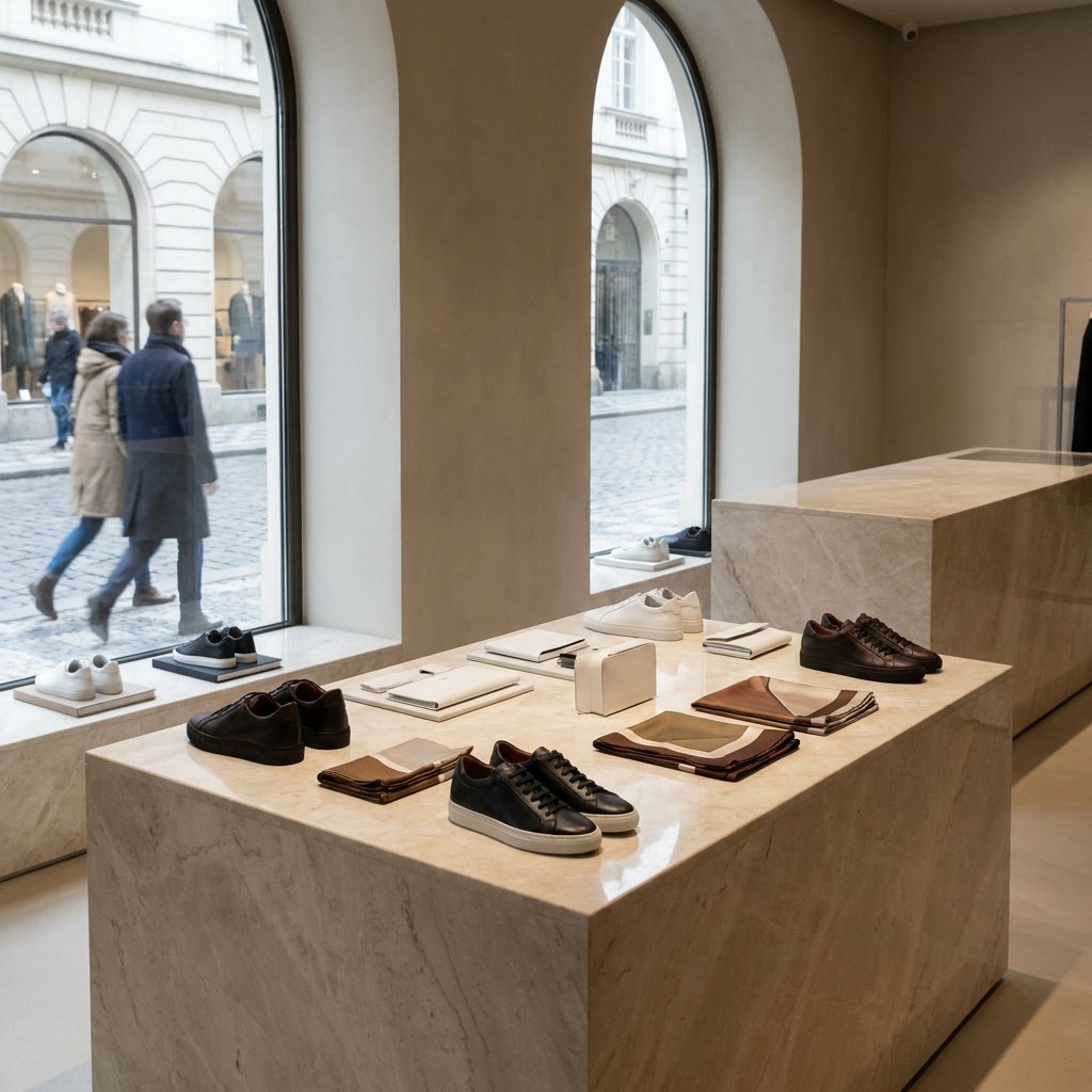 Luxe sneakers en accessoires op een minimalistische marmeren tafel in een stijlvolle Europese boetiek, met zachte daglichtreflecties en redactionele sfeer.