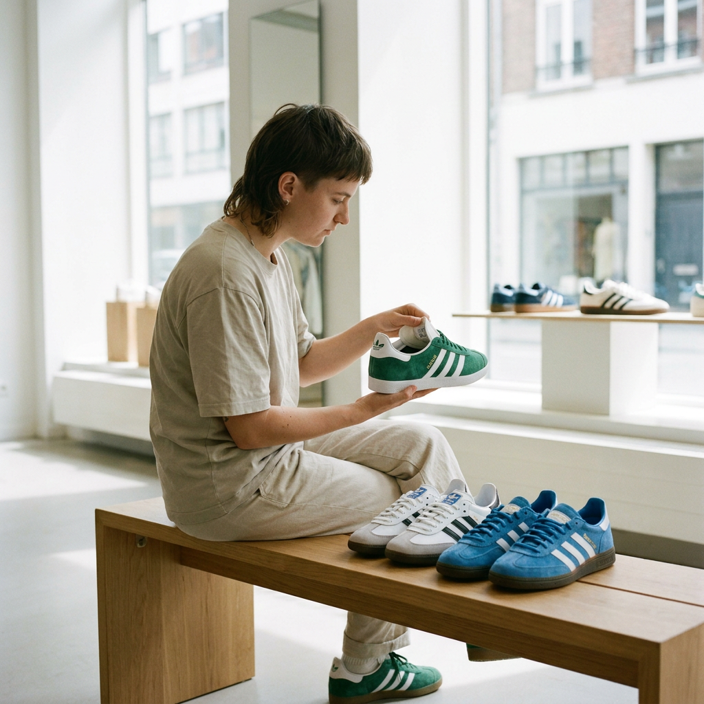 Persoon vergelijkt adidas sneakers en maatlabels in een lichte schoenenwinkel, met focus op pasvorm, maatadvies en Europese schoenmaten.