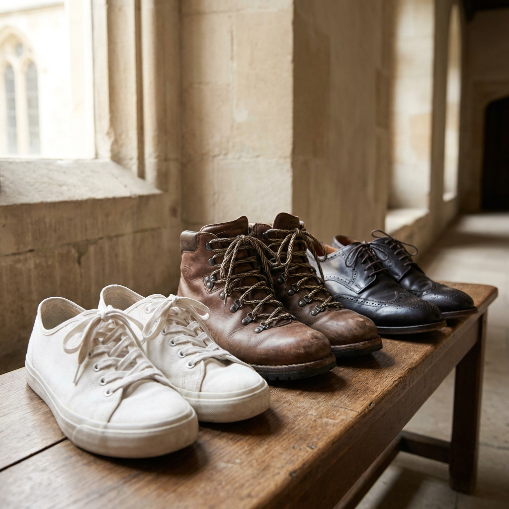 Close-up van sneakers, leren boots en nette schoenen met platte en ronde veters naast elkaar op een houten bank in zacht daglicht.