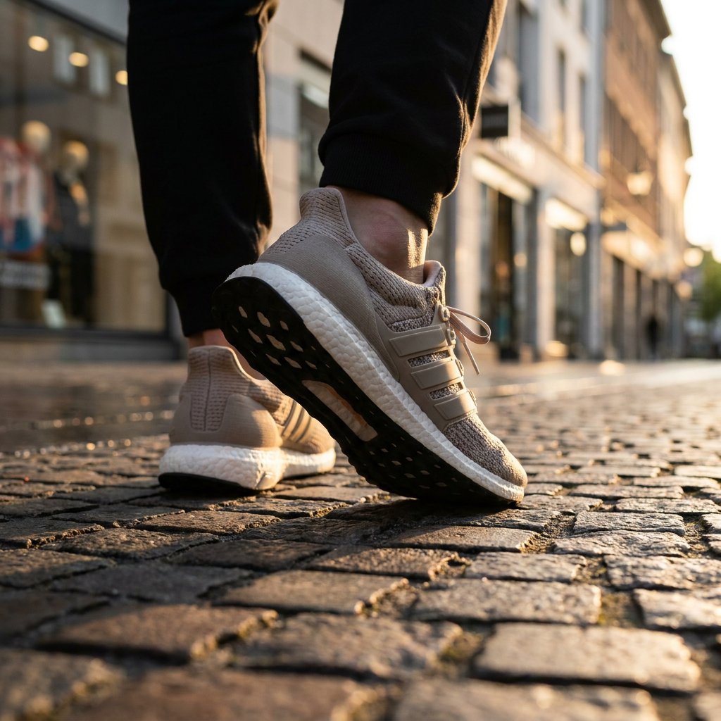 Close-up van voeten in adidas Ultra Boost tijdens een stap op een Europese winkelstraat; scherpe focus op de witte Boost-zool en knit bovenwerk bij zacht ochtendlicht.