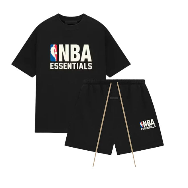 Fear of God Essentials NBA Black White Summer Set front view zwarte oversized t-shirt en short set