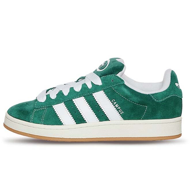 Adidas Campus 00s Dark Green Gum zijkant met donkergroene suede upper en witte strepen