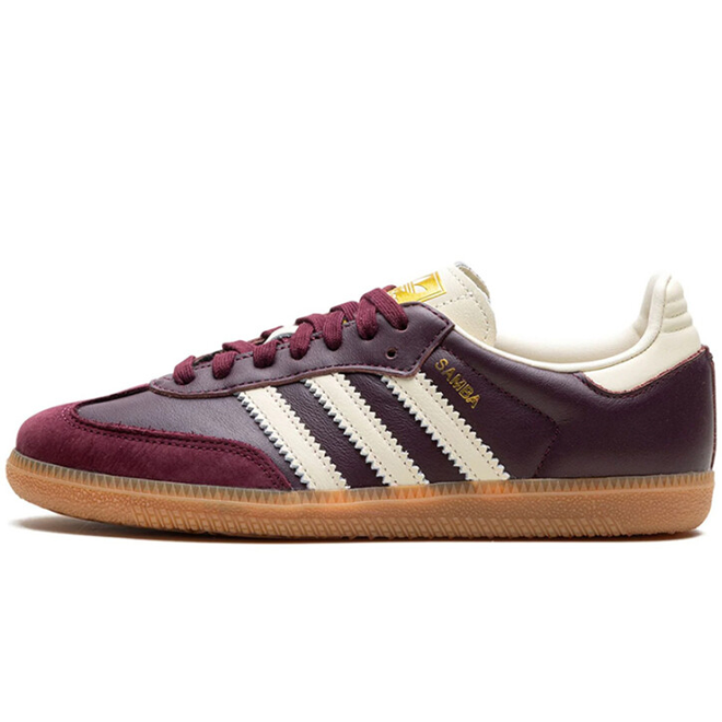 Adidas Samba OG Maroon Gold Metallic womens front view sneaker