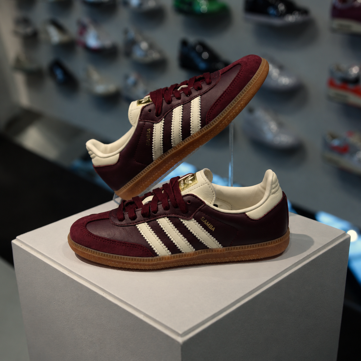 adidas Samba OG Maroon Gold Metallic W in de winkel met echte kleur en metallic gouden details