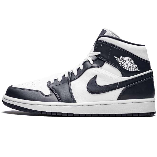 Air Jordan 1 Mid White Metallic Gold Obsidian front view sneaker