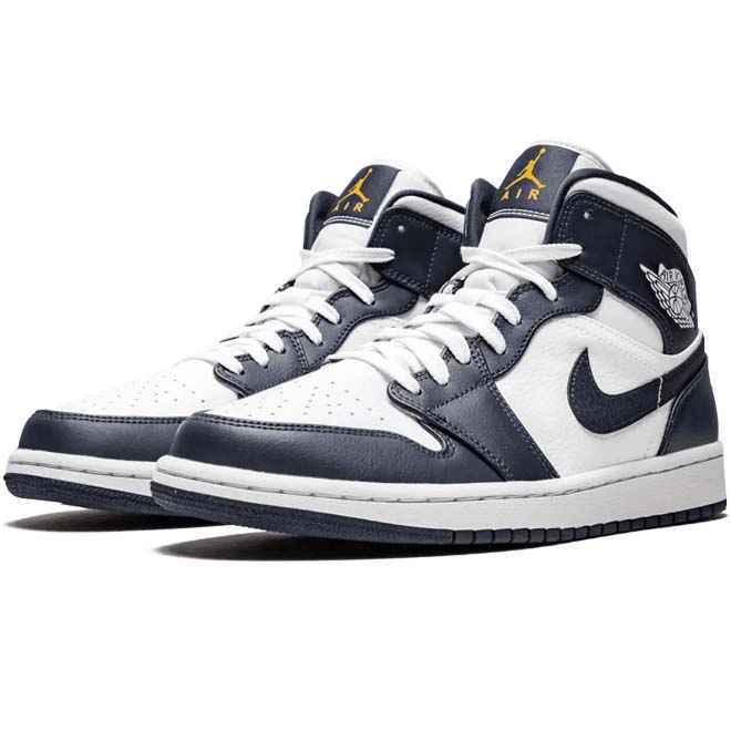 Air Jordan 1 Mid White Metallic Gold Obsidian sneaker zijkant