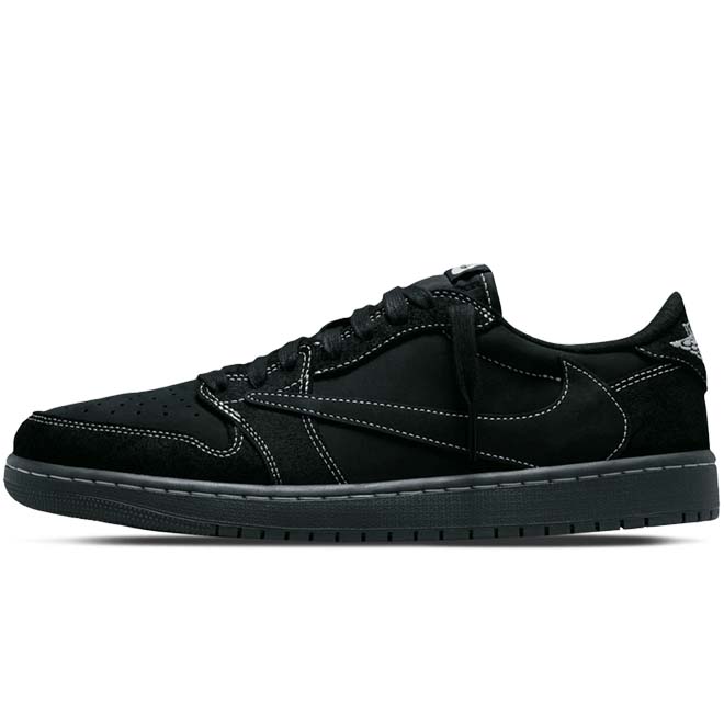 Air Jordan 1 Retro Low OG SP Travis Scott Black Phantom zijkant met reverse swoosh en zwarte suede details