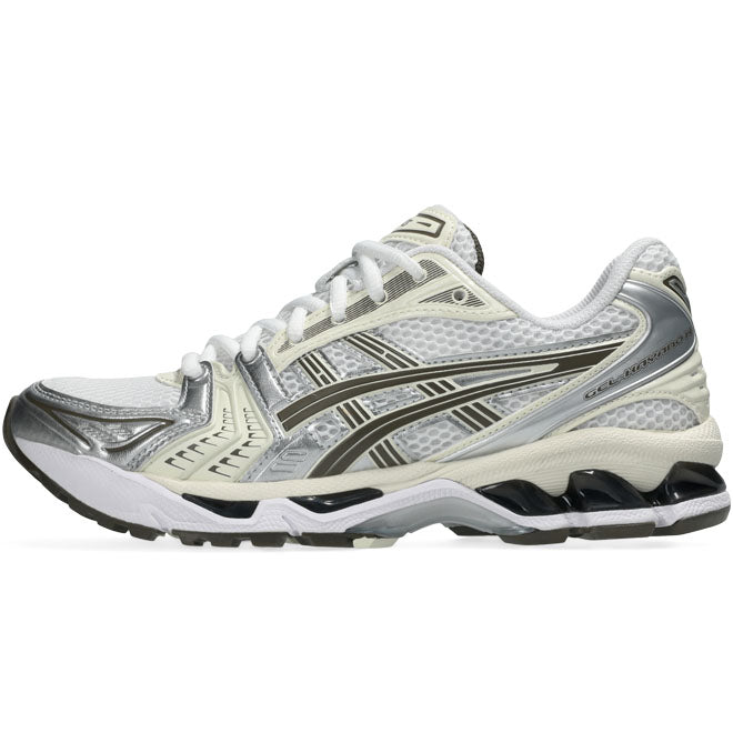 ASICS Gel Kayano 14 White Ivory front view witte runner sneaker mesh en silver details