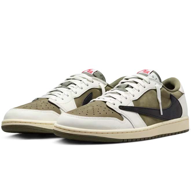 Jordan 1 Retro Low OG SP Travis Scott Medium Olive sneaker zijkant reverse swoosh