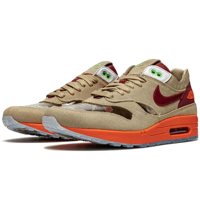 Nike Air Max 1 Clot Kiss of Death zijkant met beige upper en zichtbare Air unit