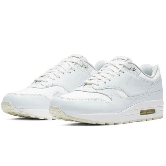 Nike Air Max 1 Rub Away White Khaki zijkant met rub away upper en zichtbare Air unit