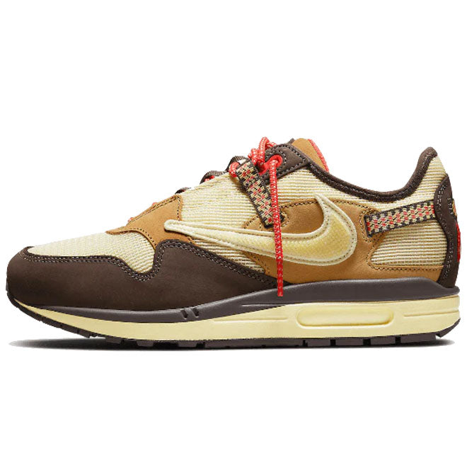 Nike Air Max 1 Travis Scott Cactus Jack Baroque Brown front view bruine sneaker met premium mesh en suède