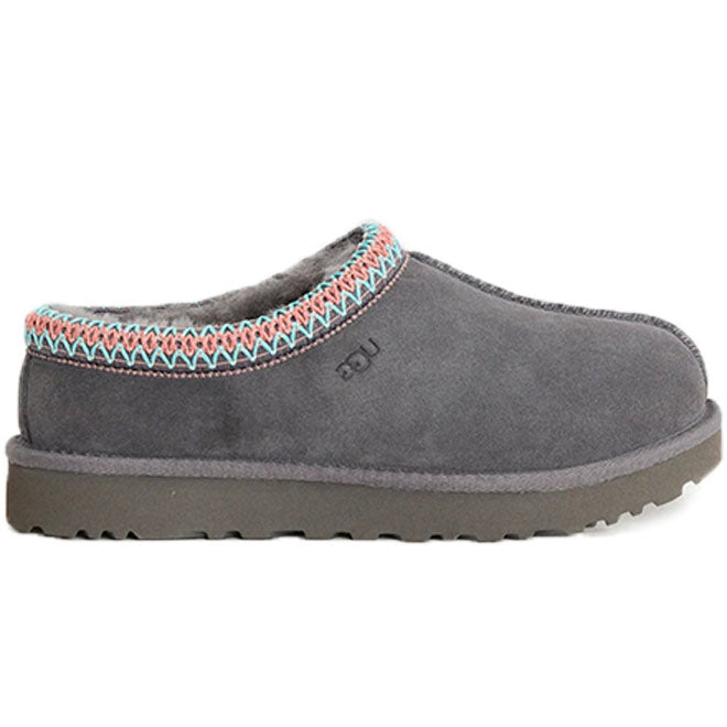 UGG Tasman Slipper Dark Grey schapenwol en suede detail close-up