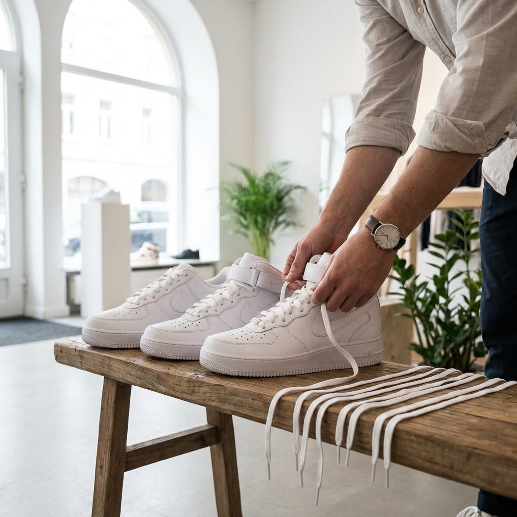 Witte Air Force 1 sneakers op een houten bank met drie sets veters in verschillende lengtes, gefotografeerd in zacht daglicht.