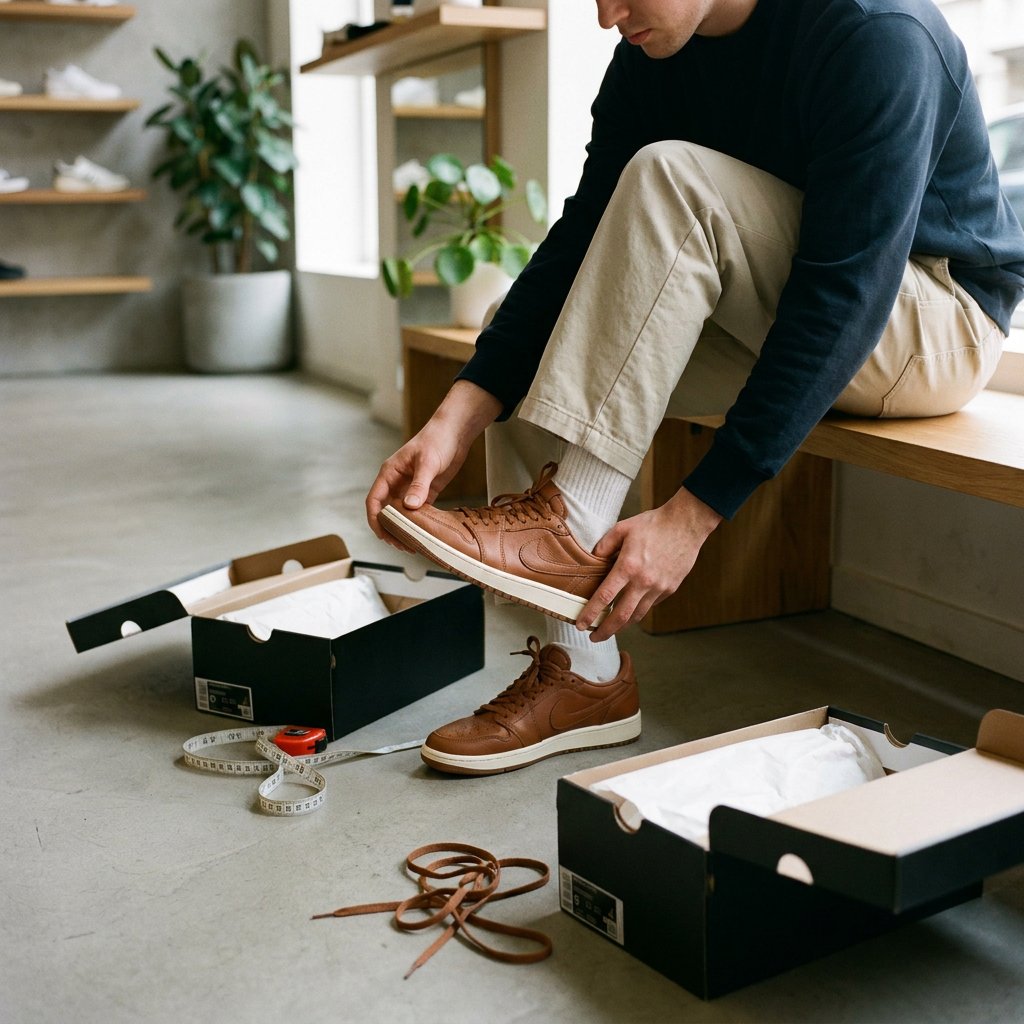 Persoon past een lage sneaker in een moderne Europese sneakerwinkel, met focus op voetpositie, maatcontrole en natuurlijke details.