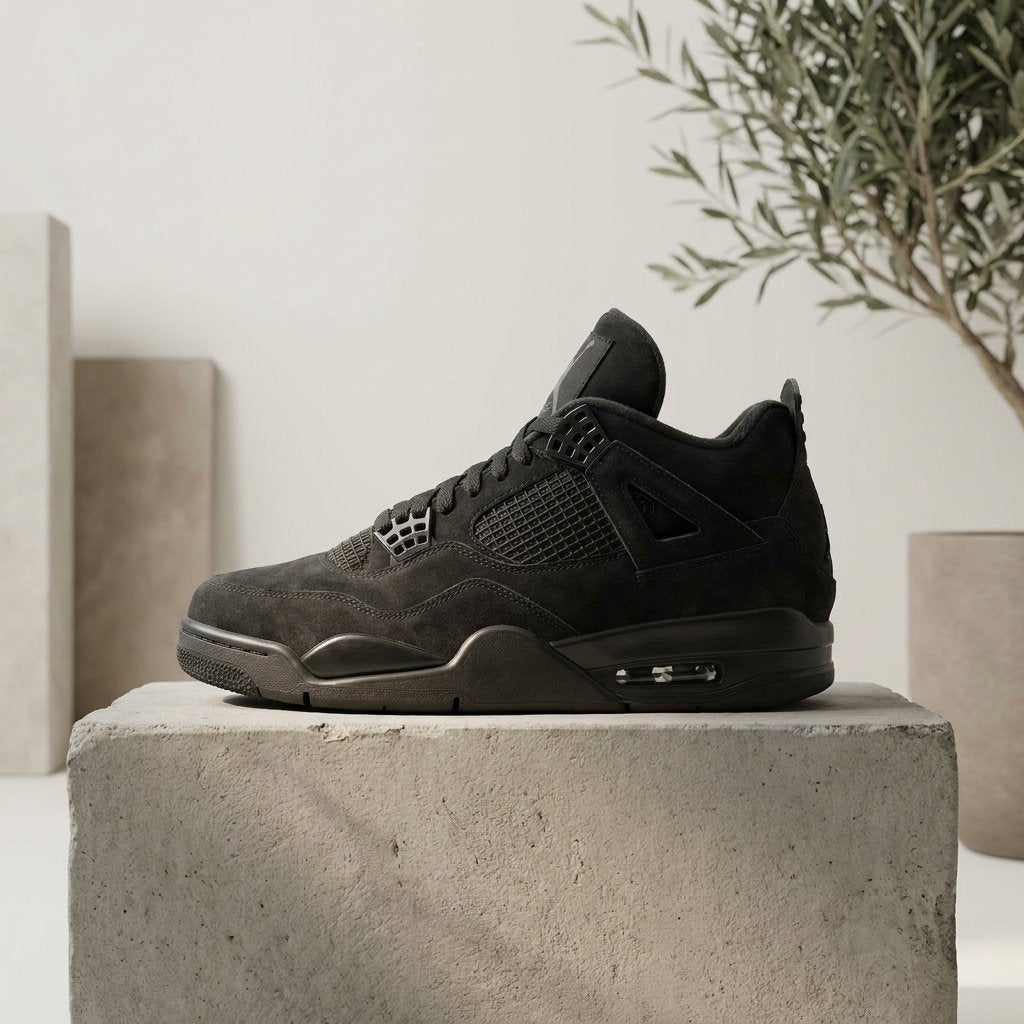 Black Air Jordan 4 style sneaker on a dark concrete plinth in a minimal studio, with soft side light highlighting suede texture and matte details.