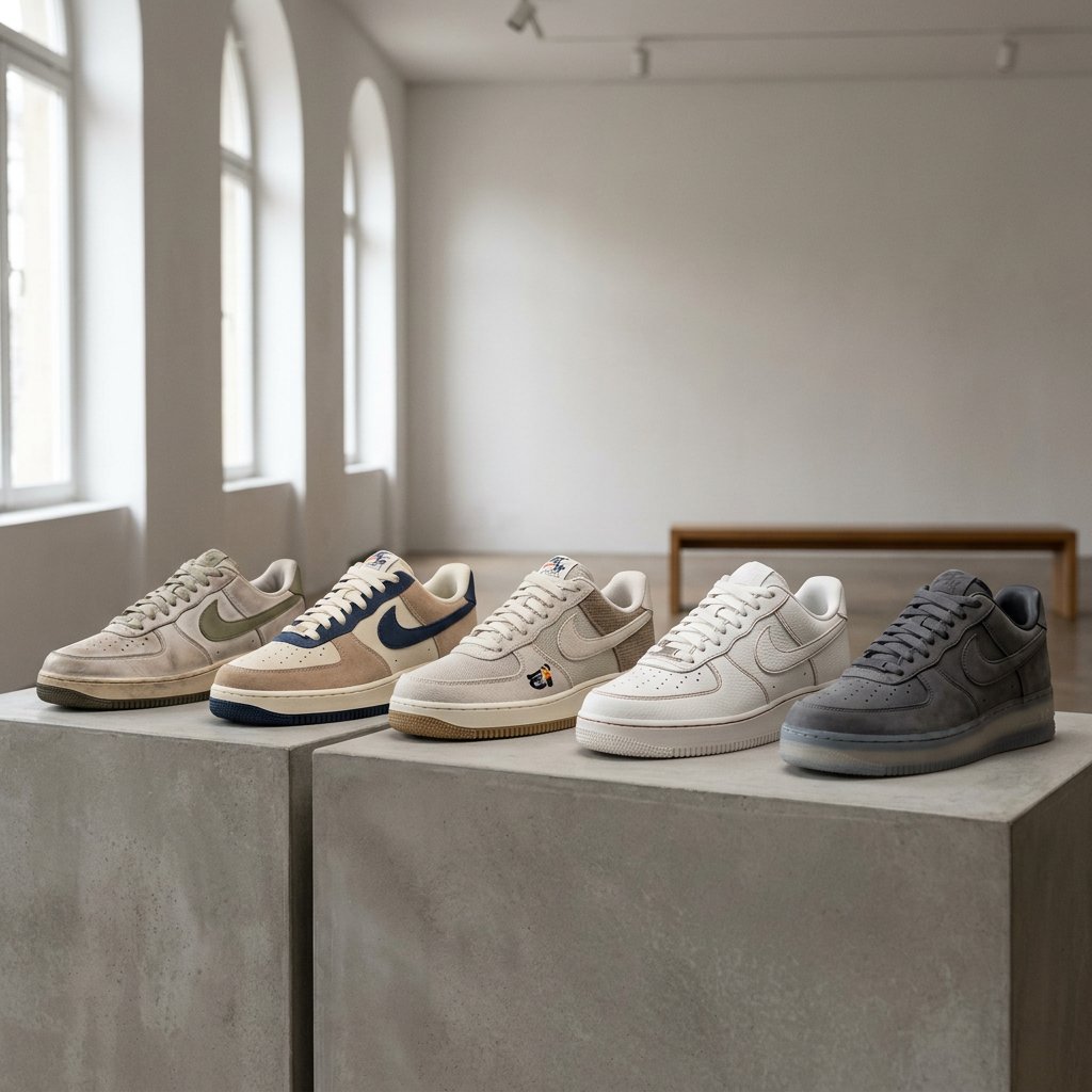 Curated lineup of Nike Air Force 1 special editions on a clean studio plinth, showing varied materials, limited colorways and premium design details.