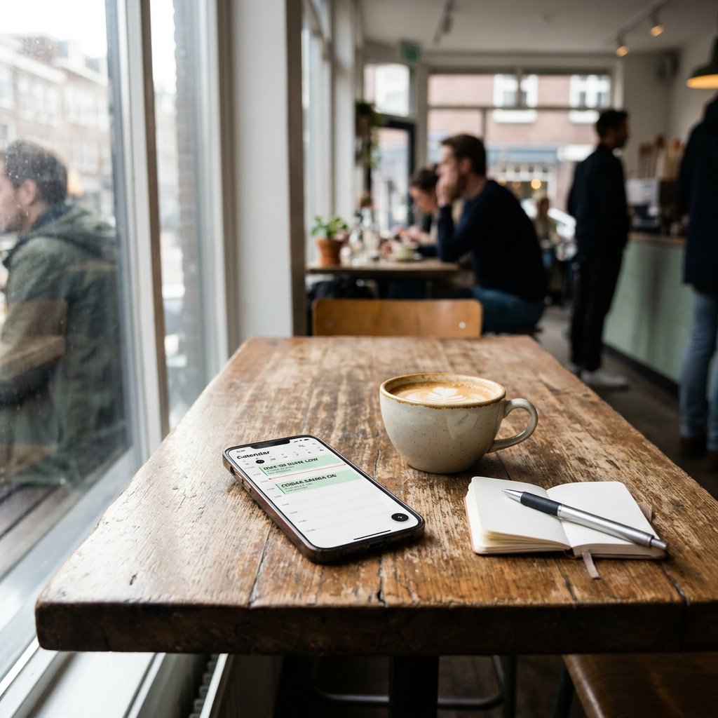 Smartphone met releasekalender voor Nike en adidas sneakers op houten cafétafel, naast notitieboek en koffie, in zacht daglicht.
