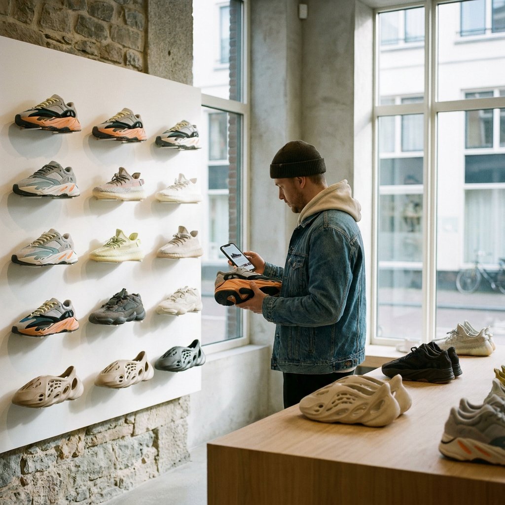 Klant bekijkt neutraal opgestelde Yeezy sneakers in moderne Europese winkel, met focus op voorraad, labels en rustige daglichtsfeer.