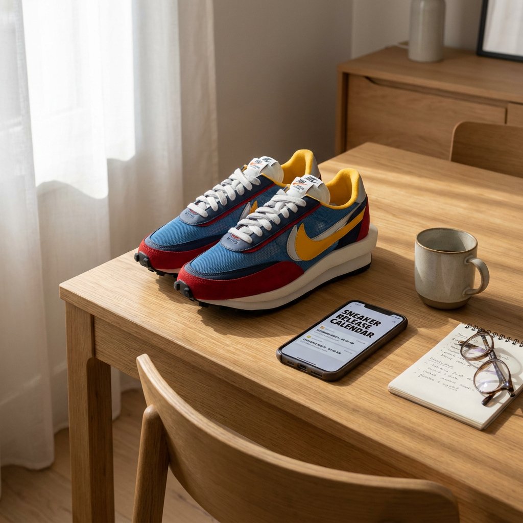 Close-up of layered Sacai x Nike LD Waffle sneakers beside a smartphone with release alerts on a tidy desk in soft morning light.