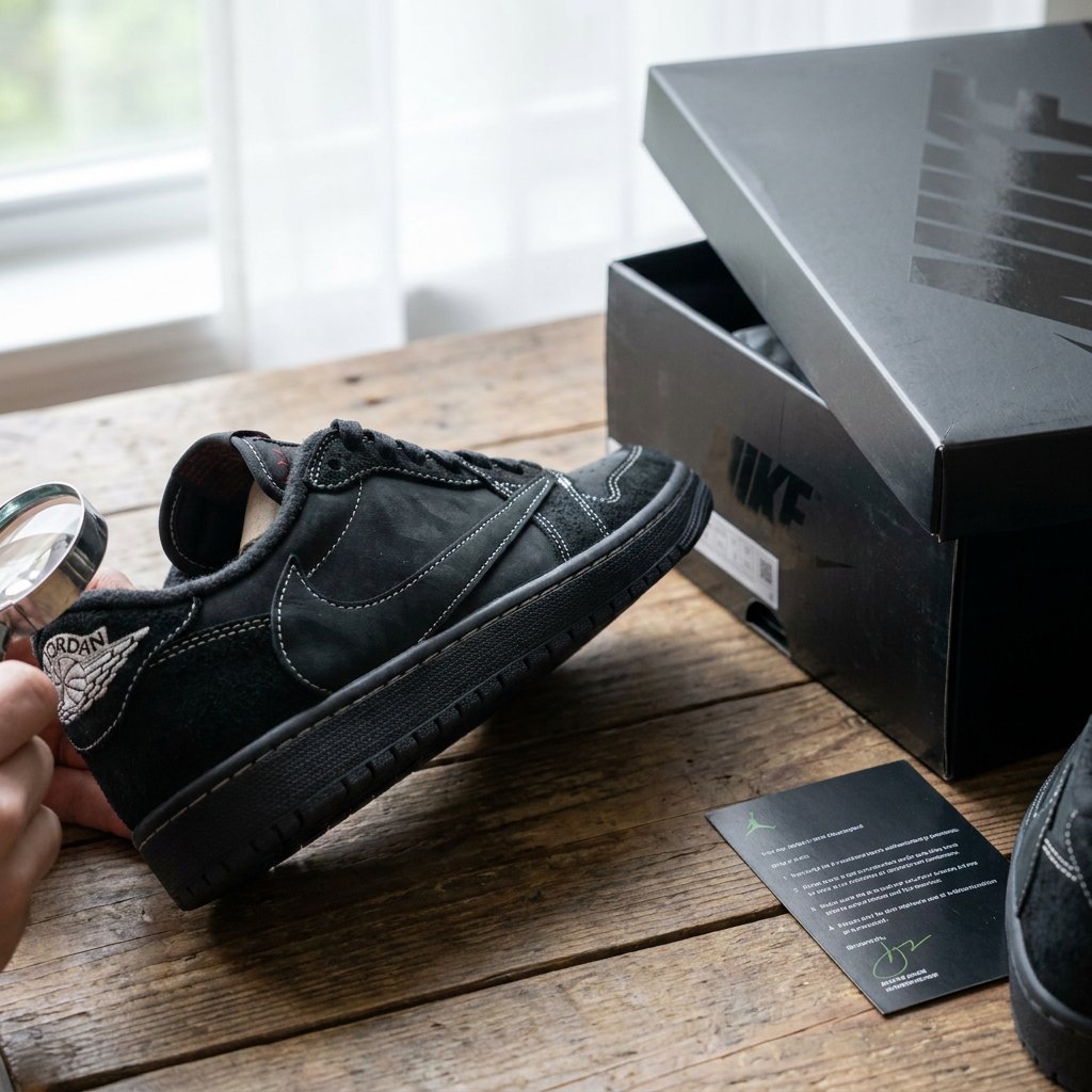 Close-up of black Jordan 1 Travis Scott Black Phantom sneakers on a wooden table, with labels, stitching and suede inspected in soft daylight.