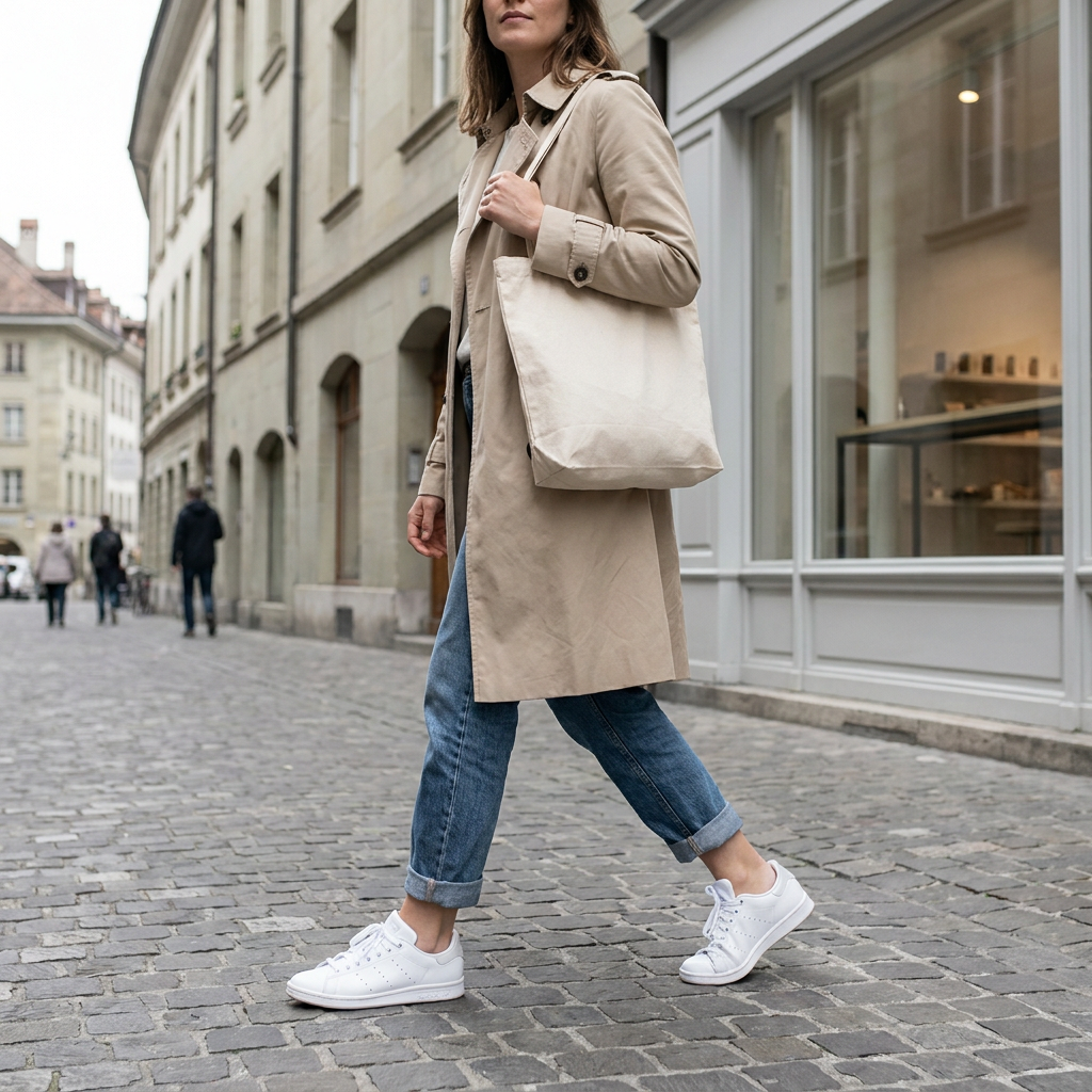 Vrouw loopt over een rustige Europese winkelstraat met witte adidas sneakers, gefotografeerd op ooghoogte in zacht daglicht.
