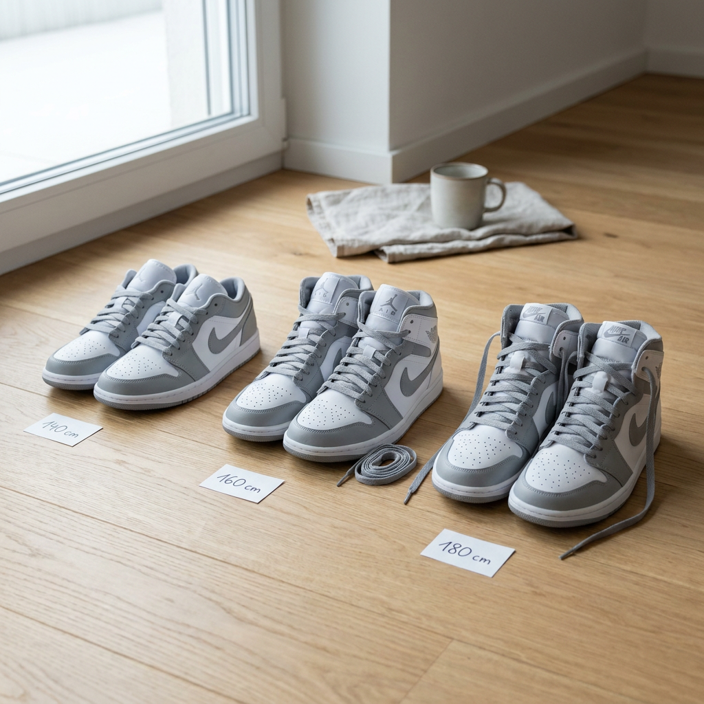 Drie Air Jordan 1 sneakers in low, mid en high naast elkaar op een houten vloer, met veters in verschillende lengtes en zachte daglichtschaduw.