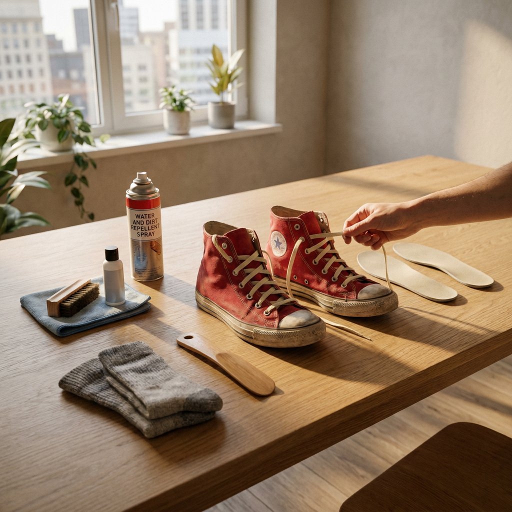 Rode high‑tops op een eiken tafel; een hand rijgt veters. Naast de schoenen liggen spray, borstel, doek, sokken, inlegzolen en een schoenlepel in raamlicht.