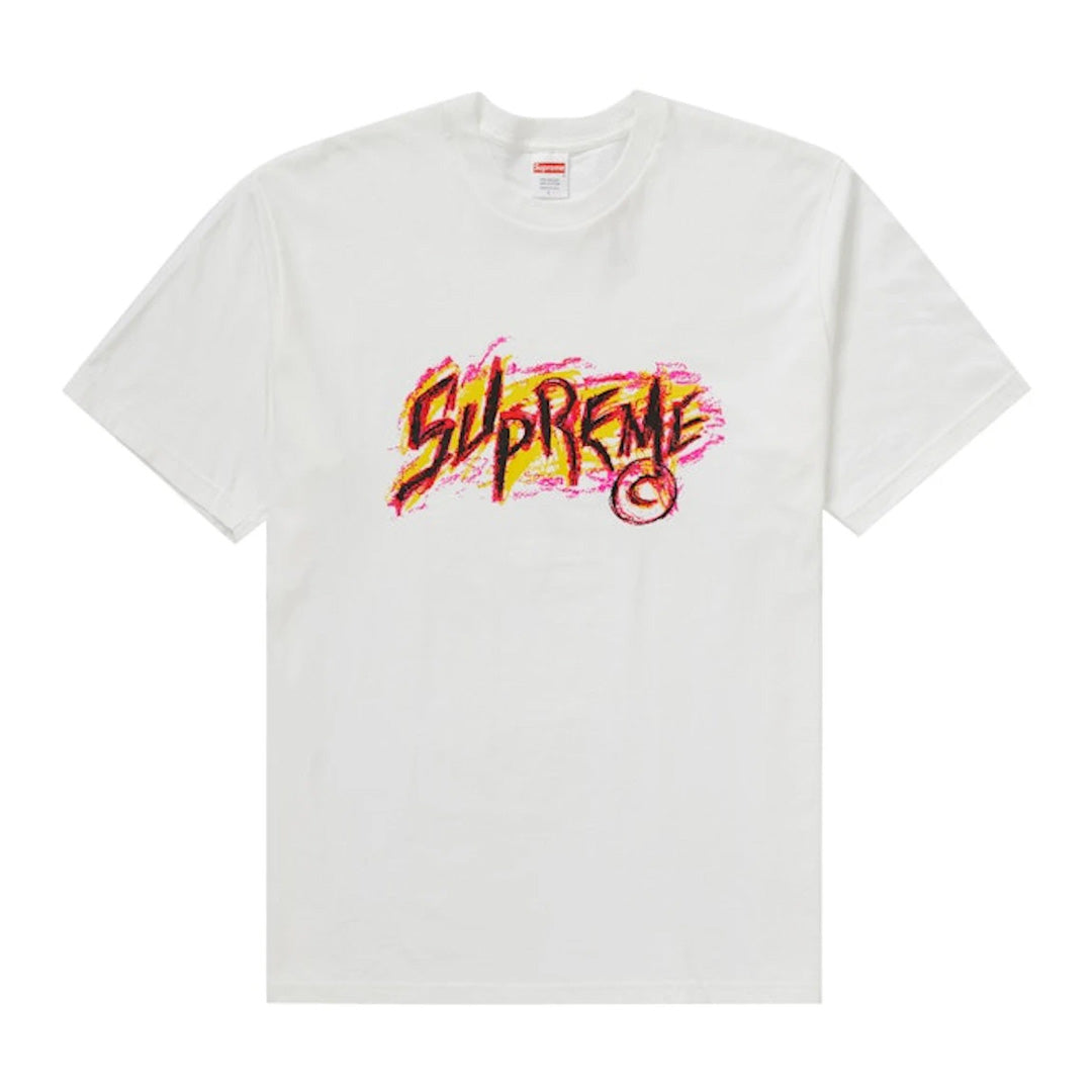Supreme scratch Tee white front view wint T-shirt met Supreme graphic