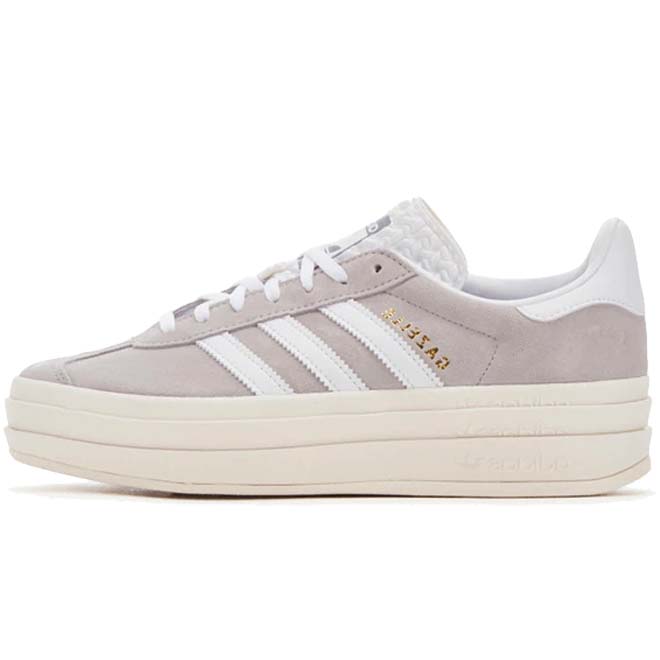 Adidas Gazelle Bold Grey White front view grijze suede sneaker witte strepen platform zool