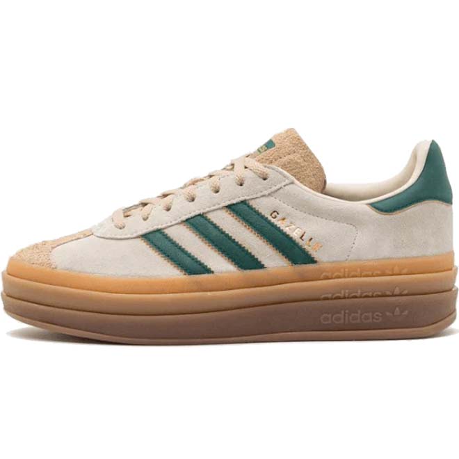 Adidas Gazelle Bold Magic Beige Collegiate Green front view beige suede sneaker groene accenten platform zool