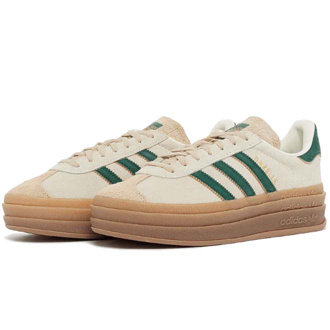 Adidas Gazelle Bold Magic Beige Collegiate Green zijkant groene strepen en dikke zool