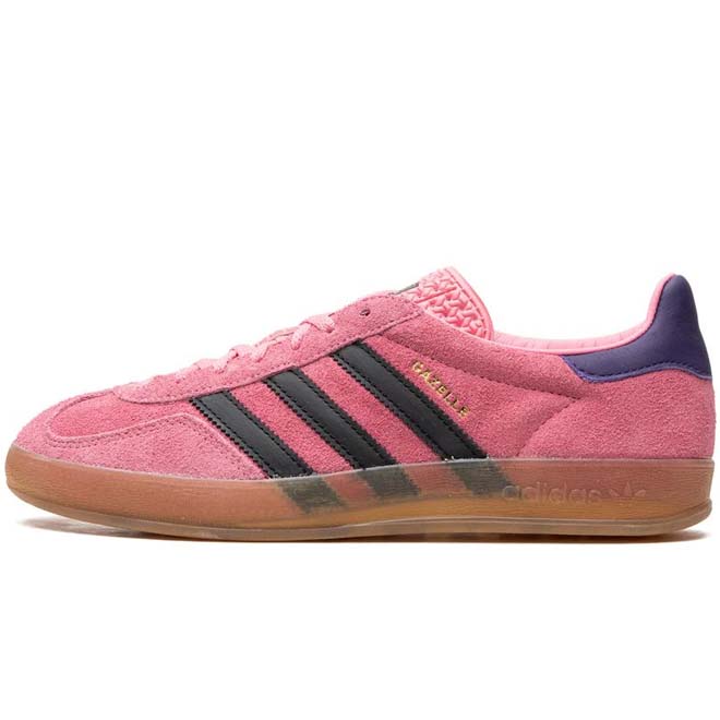 Adidas Gazelle Indoor Bliss Pink Purple front view roze paarse suede sneaker gum zool