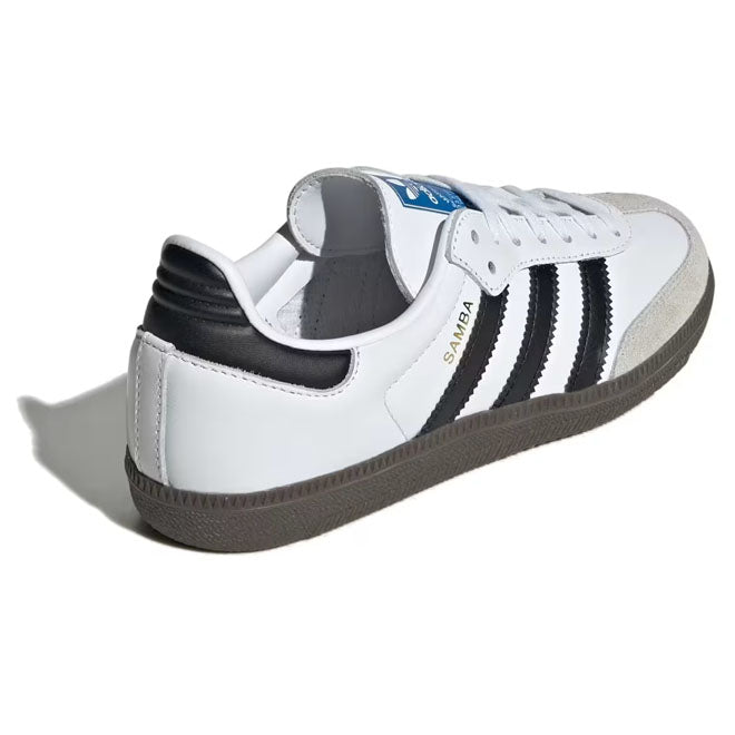 adidas Samba OG GS White Black Gum achterkant met adidas branding en zwarte details