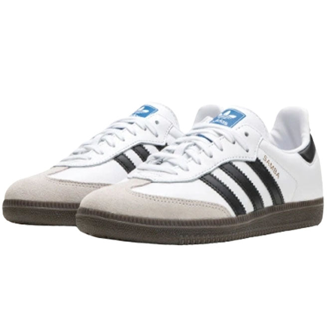 adidas Samba OG GS White Black Gum zijkant met witte leren upper zwarte strepen en gum zool