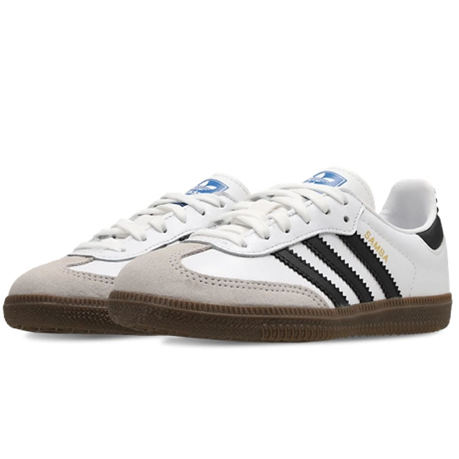 adidas Samba OG PS White Black Gum zijkant met witte leren upper zwarte strepen en gum zool