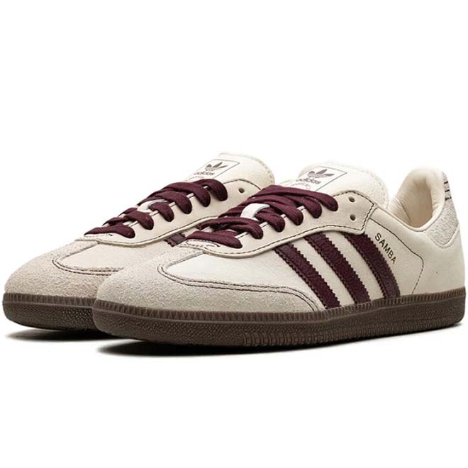 Adidas Samba OG Wonder White Maroon zijkant 3 stripes en maroon detail