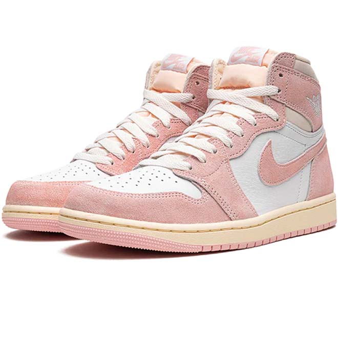 Nike Air Jordan 1 High Washed Pink zijkant swoosh en roze suede detail